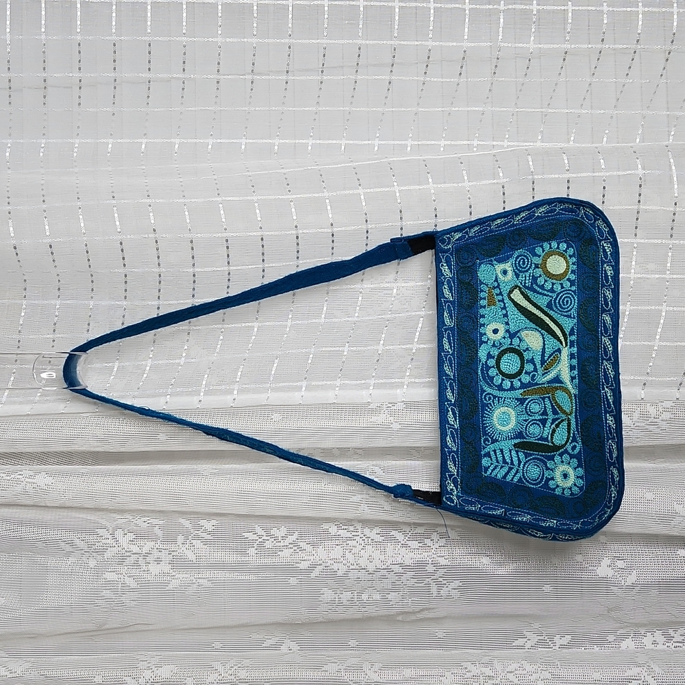 Vintage Blue Groovy Handmaid  Fully Embroidered Peacock Shoulder Bag Purse Bag